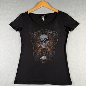 Harley Davidson Womens Screamin Eagle Skull Rhinestone Graphic T-Shirt Black L